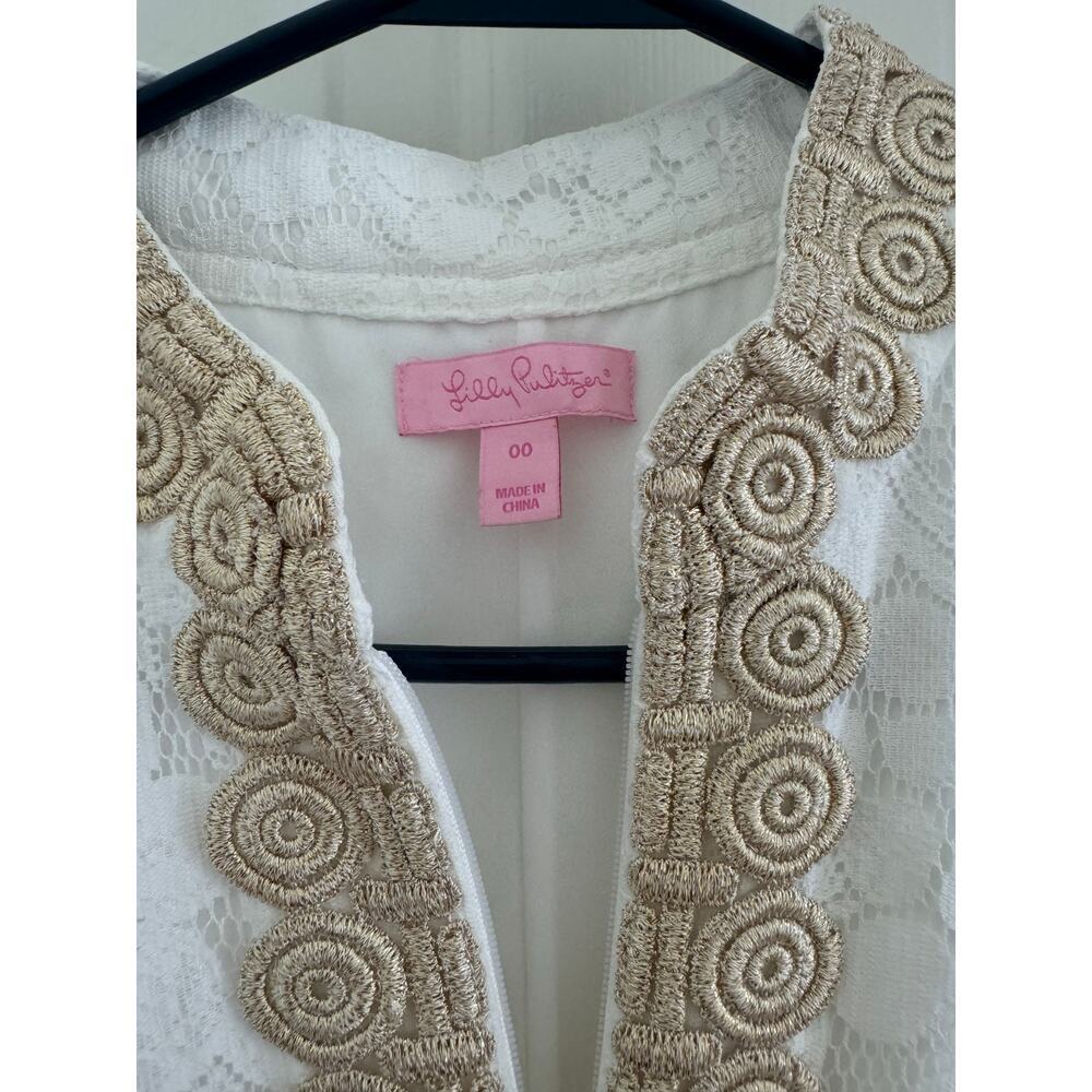 Lilly Pulitzer Jane Shift Dress White Mocean Lace Gold Trim Sleeveless Womens 00 - Picture 12 of 14